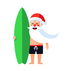 Cheerful Santa Claus holding a green surfboard in summer attire  