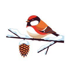 Colorful bird perched on snowy branch with pine cone in winter  