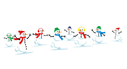 Snowmen dancing together in winter with colorful scarves and hats  