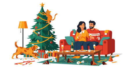 Couple celebrating Christmas on sofa with dog and decorated tree  