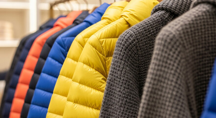 Obraz premium A row of colorful jackets hanging on a rack, showcasing textures and fabrics, representing variety and choice in fashion or seasonal outerwear options
