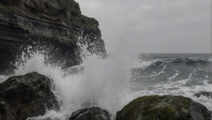Waves crashing against dark rocky cliffs on a stormy day.