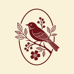 Fototapeta premium Elegant illustration of a bird perched on a floral branch with berries, enclosed in an oval frame.