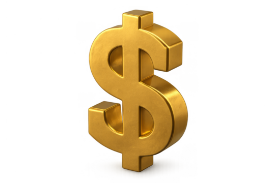 Golden dollar sign symbol representing currency, wealth, finance, and investment success, with a transparent background