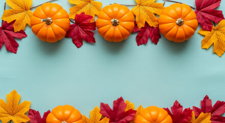 Arrangement of orange pumpkins and red, yellow autumn leaves on a blue surface, representing autumnal harvest, Thanksgiving, seasonal event, free space