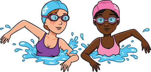 Two diverse female swimmers wearing swim caps and goggles splashing water in swimming pool vector illustration 