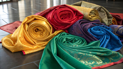 A lush, overflowing arrangement of colorful fabric rolls—each one a sumptuous cascade of silk, velvet, and brocade—spilling dynamically across a polished obsidian surface like frozen rainbows