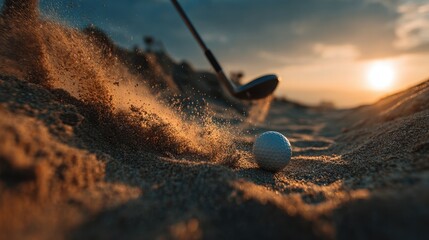 Man playing golf on sunny day, swinging club and aiming at golf ball near sand bunker on scenic golf course