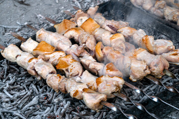 Traditional meat on a skewer, a culinary heritage of the Caucasus, cooked over grapevine charcoal.