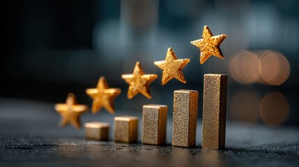 Evaluating business performance improvements using five star ranking scale, rising bar chart, and pen for review and feedback