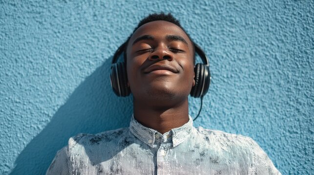 A young man lies back against a vibrant blue wall eyes closed and a content smile on his face. He is wearing headphones and enjoying music on a warm sunny day feeling relaxed.