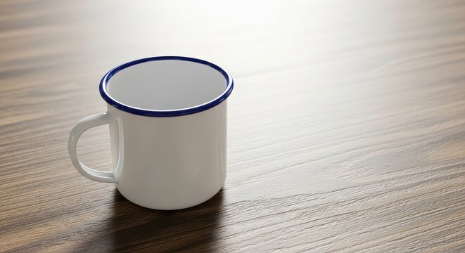 White enamel mug with blue rim on wooden table surface