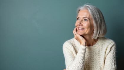 Senior woman smiles, looks up. Chin rests on hand. Grey hair, wears knit sweater. Elegant mature female poses against teal background, showing wisdom, confidence, thoughtful expression. Radiates