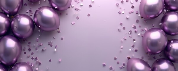 Purple metallic balloons, confetti scattered on light lavender surface. This image suggests festive celebration like birthday or anniversary party. It can be used for event invitations or decorations.