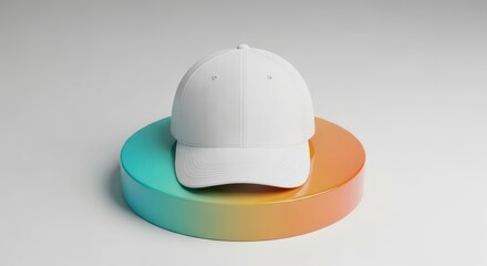 Fototapeta premium Minimalist white baseball cap on colorful gradient pedestal
