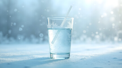 A soft light blue matte surface serves as the backdrop for a wet plastic glass, its translucent material glistening with tiny droplets of water, placed against a frosted winter window glass, the glass