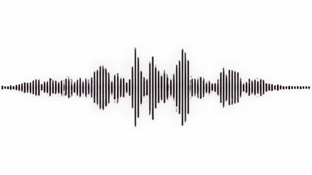 A striking audio waveform visualization displays varying amplitude and frequency patterns against a stark white background.