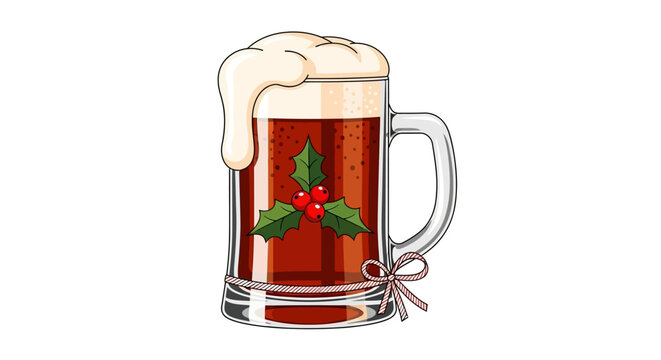 Festive cartoon beer mug overflowing with frothy cheer makes a joyful holiday statement for seasonal menus and Christmas party invites