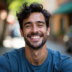 Fototapeta premium Handsome man smiles outdoors in summer day. Young cheerful model laughs. Closeup portrait of bearded person in blue casual tshirt. Positive mood, emotion concept. Happy, carefree facial expression.