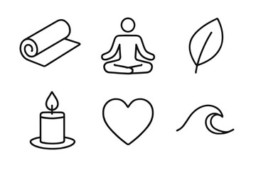 Minimalist yoga and wellness icons: meditation, nature, relaxation