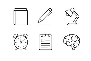 Minimalist study icons: book, pencil, lamp, clock, notebook, brain