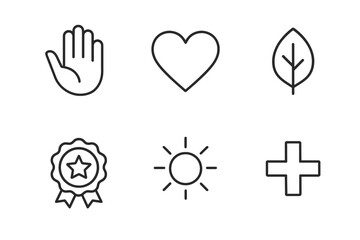 Minimalist icon set with hand, heart, leaf, badge, sun, and plus symbol