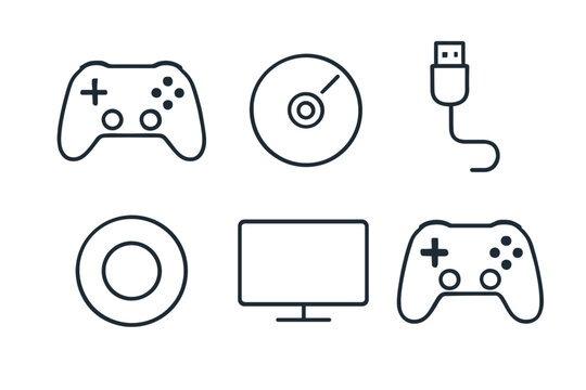 Minimalist gaming icons: controller, disc, usb, monitor