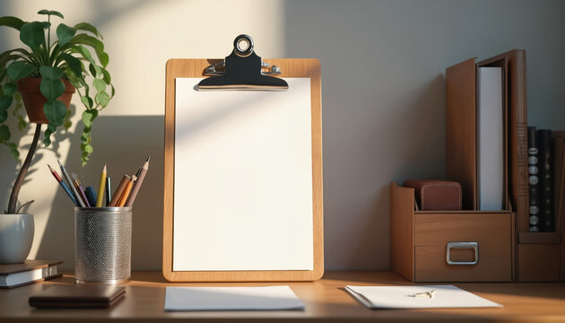 Wooden clipboard with blank paper on desk. Workspace with pencils plant books. Home office setting. Concept of planning notes reminders goals and checklist.