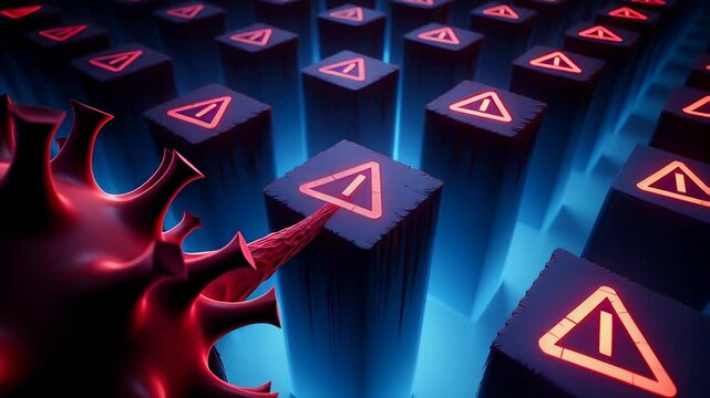 Abstract flashing virus warning animation showing a cyber attack spreading across a futuristic blue digital grid, triggering red glowing alert symbols.