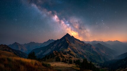 Obraz premium Majestic Mountain Peak Under the Milky Way Galaxy stars Photo