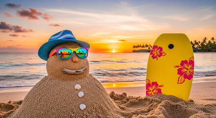 Fototapeta premium Sand sculpture on a beach with blue hat, sunglasses, shell decoration, and surfboard. It represents summer, vacation, and tropical holiday fun