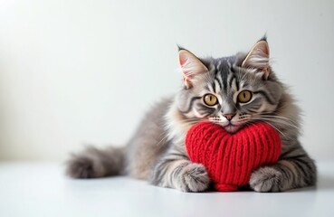 Fluffy grey cat lies with a knitted red heart toy. Cute kitten poses on a white surface. Pet celebrates Valentines Day with cozy holiday symbol of love indoors.