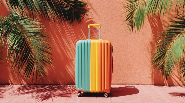 A colorful suitcase with a green stripe sits on a red wall. The suitcase is placed on a sidewalk, and the bright colors of the suitcase contrast with the red wall. Concept of travel and adventure