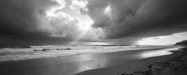 Monochrome shot captures ocean coast with dramatic storm clouds. Waves rolling to shore, dark moody sky creating sense of solitude. Landscape shows power, beauty nature at overcast day. Serene