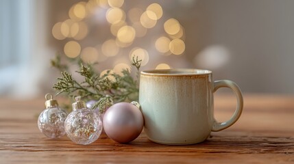 Warm ceramic mug of tea beside vintage glass ornaments creating a cozy atmosphere during a calm evening