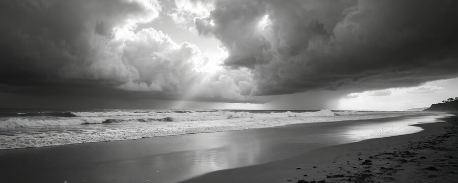 Monochrome shot captures ocean coast with dramatic storm clouds. Waves rolling to shore, dark moody sky creating sense of solitude. Landscape shows power, beauty nature at overcast day. Serene