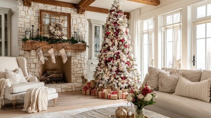 A cozy living room with a large Christmas tree in the center. The room is decorated with a wreath on the mantle and a white chair. There are also two couches and a coffee table in the room