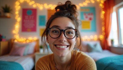 Young female student in glasses smiles widely at camera. Stands in bright, decorated college dorm room with string lights. Cozy interior features posters, beds. Happy girl enjoys university life.