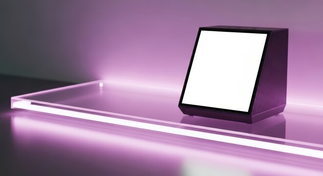 Futuristic digital display on neon-lit surface with blank screen - Powered by Adobe