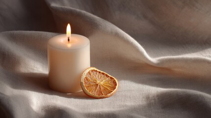 Candle and dried orange slice create an intimate still life on soft linen cloth in warm lighting
