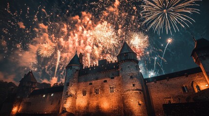 Dazzling and colorful fireworks illuminate a majestic castle that stands proud in a vibrant night sky above