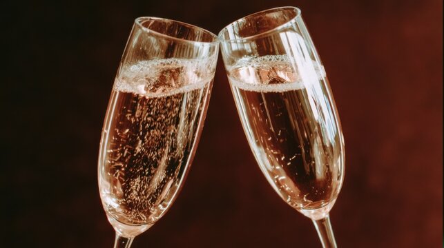 Champagne glasses clinking together create golden reflections in a warm, elegant setting for a cinematic celebration