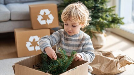 Child actively engaging in recycling boxes filled with holiday gifts in a sunlit room