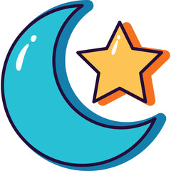 Cyan Crescent Moon With Yellow Star On A Transparent Background