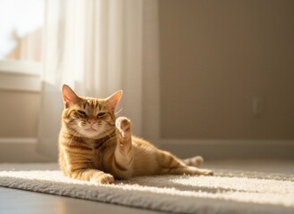 Playful ginger tabby cat with a raised paw lying on a cream fluffy rug, squinting in warm natural afternoon sunlight indoors.