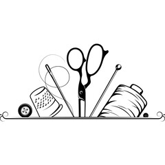 Scissors, sewing needle and thread frame. Design for sewing and cutting⁠
