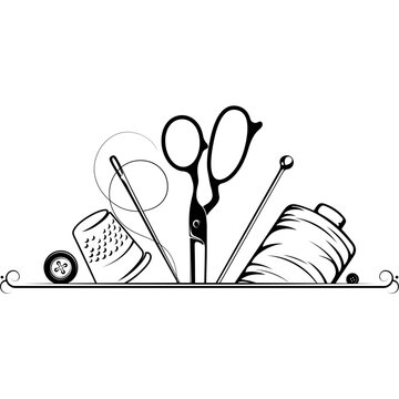 Scissors, sewing needle and thread frame. Design for sewing and cutting⁠

