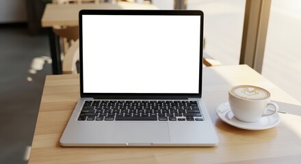 Open laptop on cafe table with cappuccino in cozy sunlit coffee shop