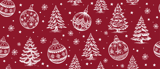 Christmas pattern with tree and toy on red, hand-drawn illustrations	
