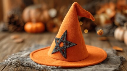 An orange witch hat adorned with a black star is situated on a rustic wooden table. Surrounding the hat are autumn decorations including small pumpkins and fallen leaves creating a festive vibe.